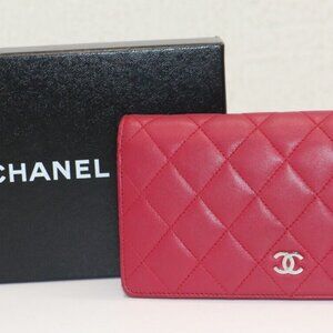 Chanel lambskin Quilted long wallet pink Leather Silver Hardware Ladies Women's